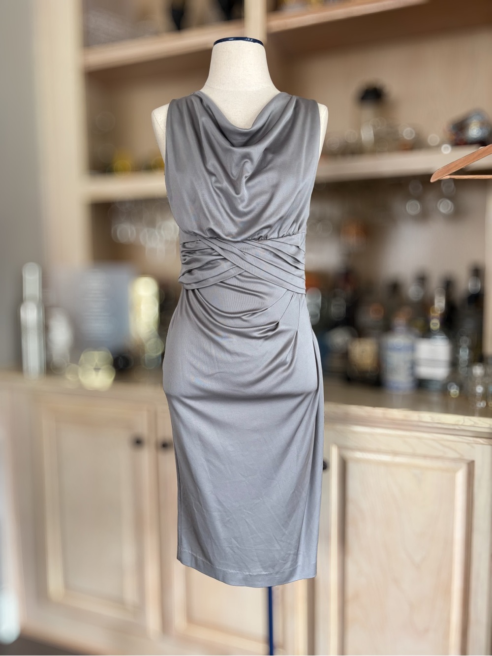 VALENTINO 100% Silk Grey Satin-Finish Sheath Dress